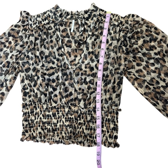 Free People Leopard Mesh Smocked Top | Size XS | Sheer Puff Sleeve Blouse - Picture 7 of 9